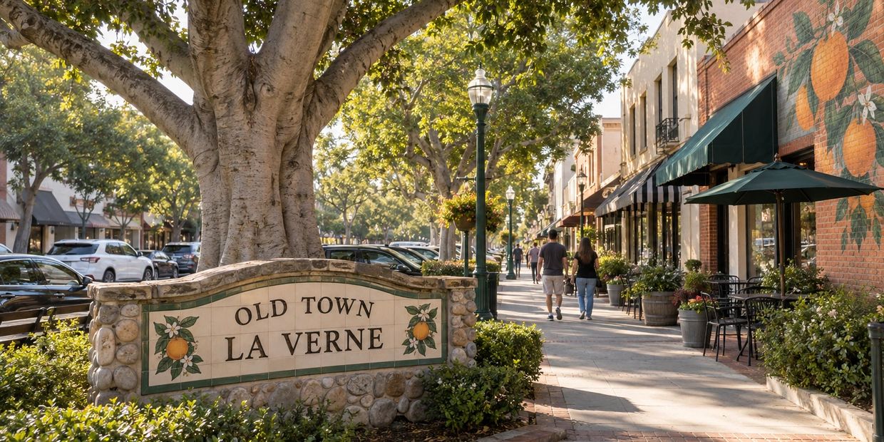 Historic street scene with Old Town La Verne sign and pedestrians.
