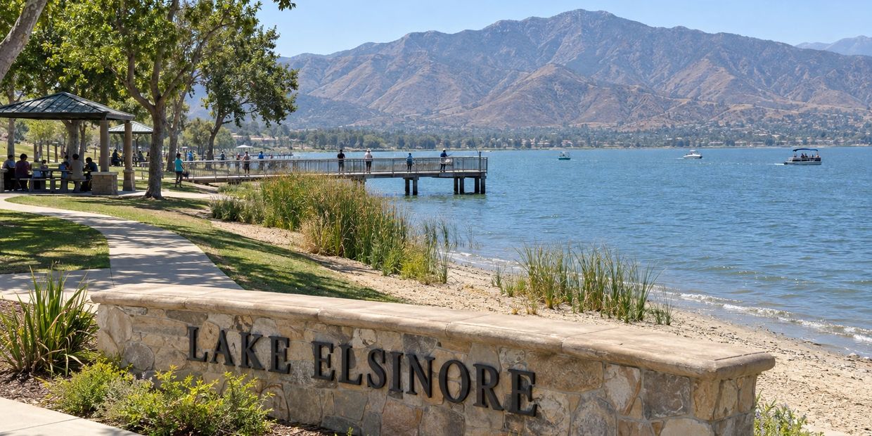 Lake Elsinore with mountains and people enjoying the waterfront.