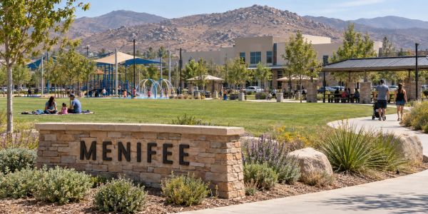 Park scene in Menifee with mountains in the background.