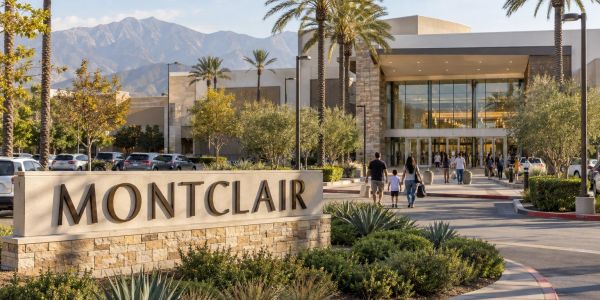 Montclair shopping center entrance with people and mountain backdrop.