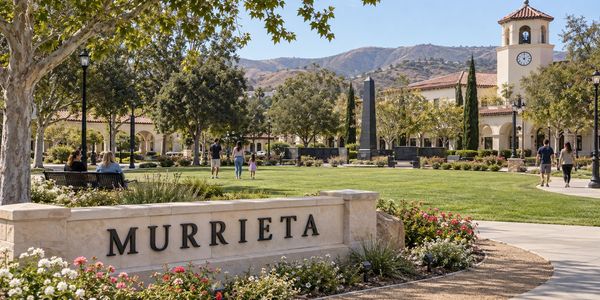 Community park area in Murrieta with people and clock tower.