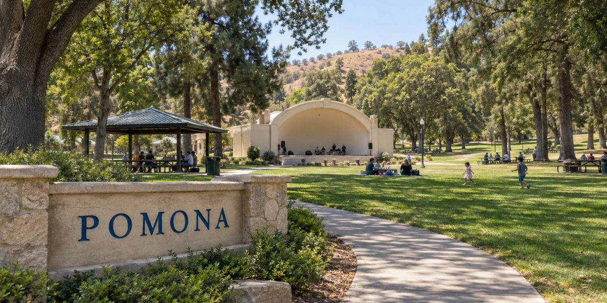 Pomona park with bandstand and people enjoying outdoors.