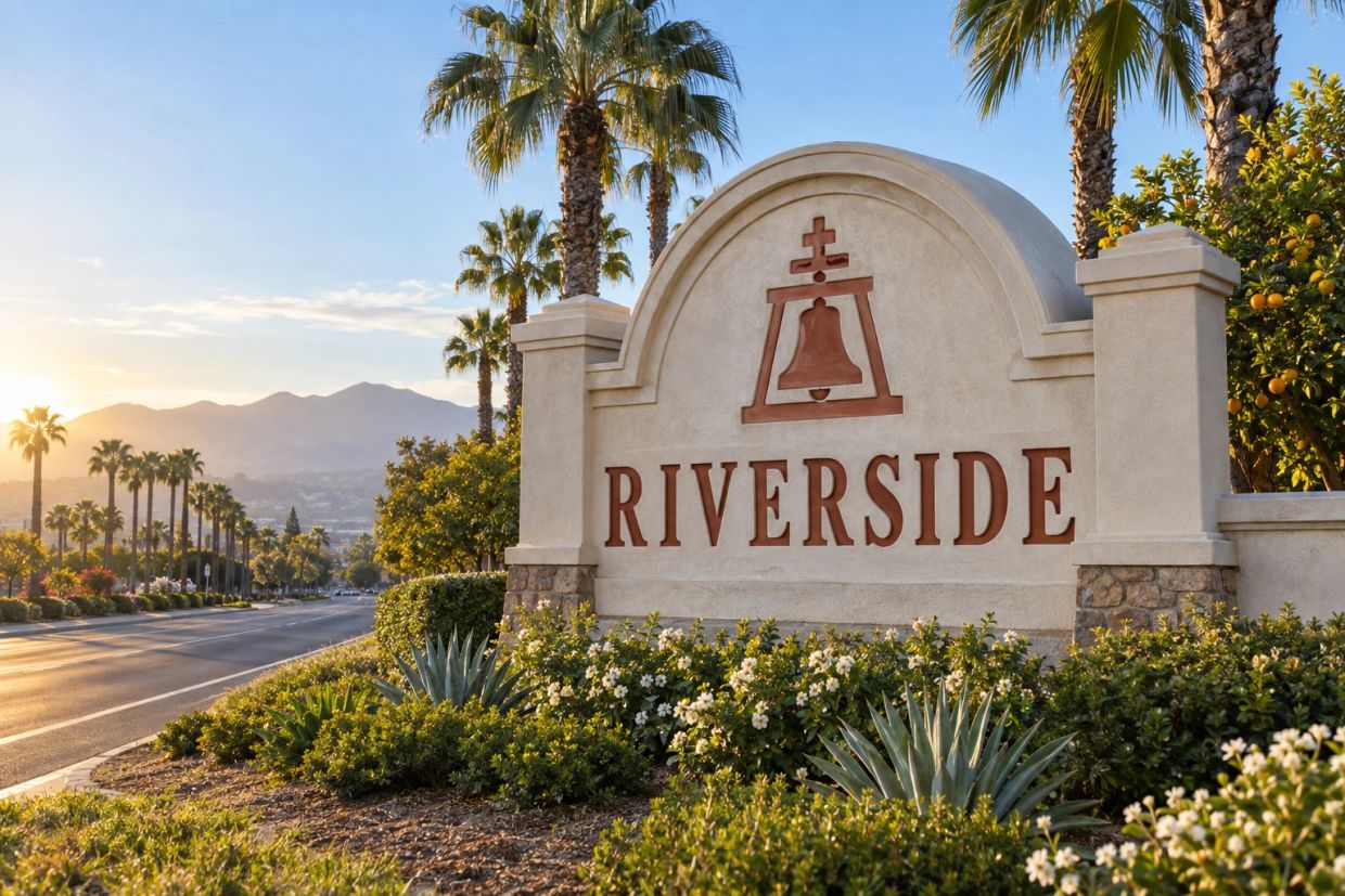 Riverside city sign with palm trees and mountains.