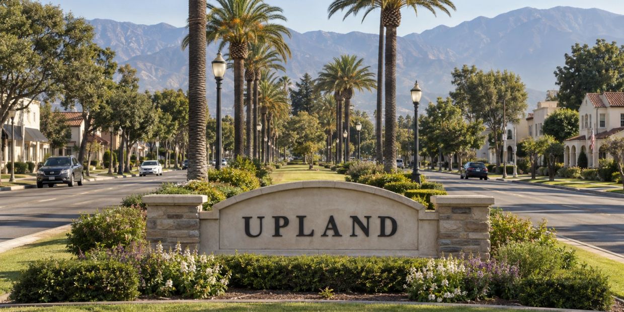 Scenic view of Upland street with palm trees and mountains.