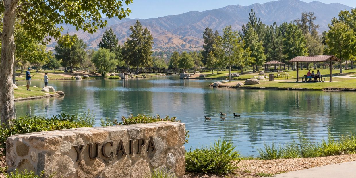 Peaceful park in Yucaipa with a lake and mountains.