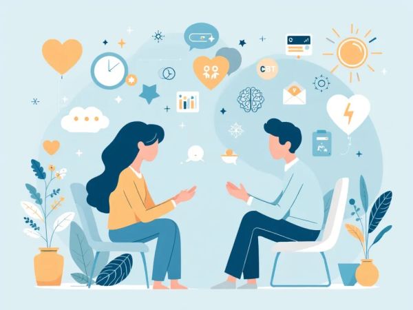 Two people engaged in a therapy or counseling session with mental health icons around.