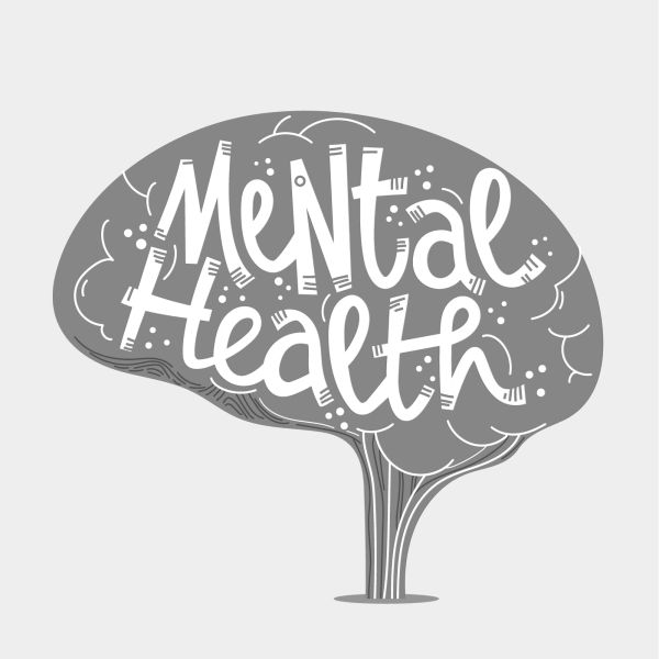 Illustration of a brain with the words 'Mental Health' emphasized inside.
