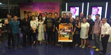 Group photo at a promotional event for Bohemian Rhapsody.