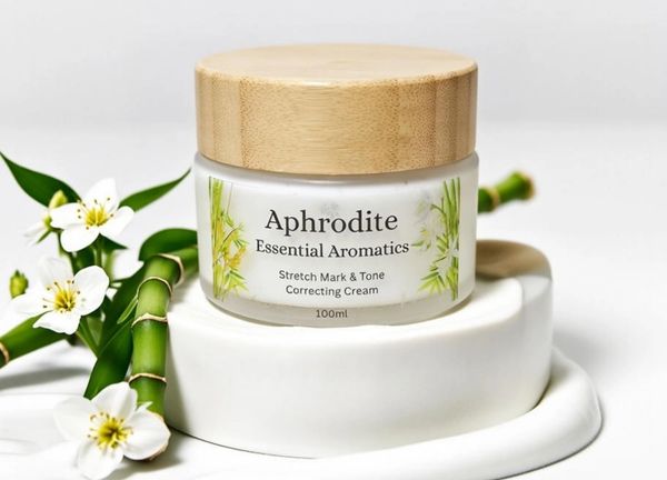 A jar of Aphrodite Essential Aromatics stretch mark and tone correcting cream.