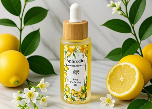 A bottle of Aphrodite Body Perfecting Oil surrounded by lemons and white flowers.