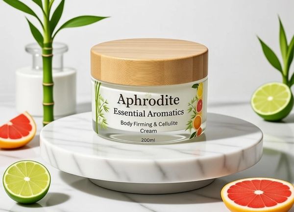 Aphrodite Essential Aromatics body cream with citrus and bamboo decor.
