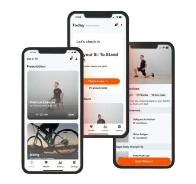 Three smartphones showing a fitness app with exercise routines and biking activity.