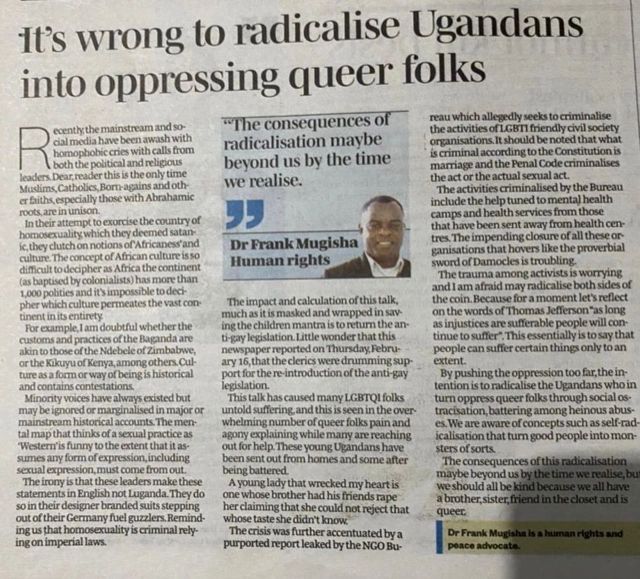 It's wrong to radicalise Ugandans into oppressing queer folks.