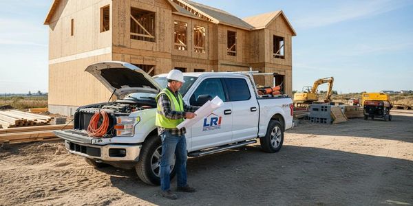 Construction worker examining plans next to a truck at a house building site.