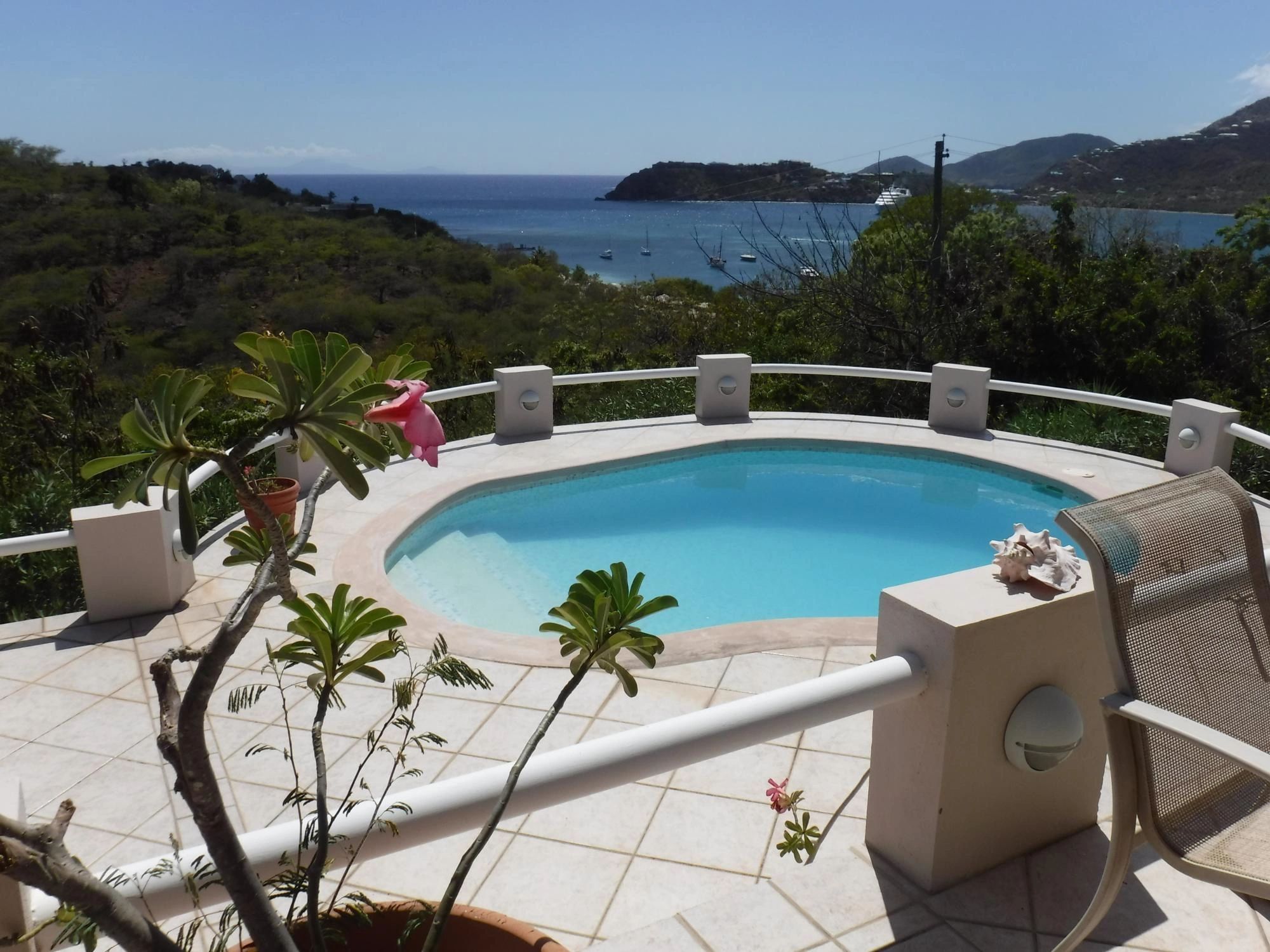 Private pool with views over Pigeon Beach, Montserrat and Turtle Bay. 
