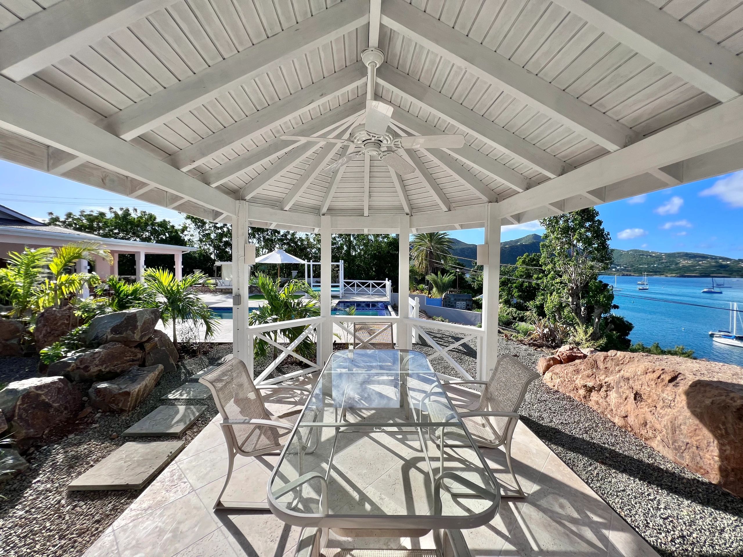 The Pink House Gazebo. Another covered outdoor dining area with views over Falmouth Marina