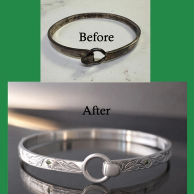 Before and after of a restored silver bracelet with added engravings and stones.