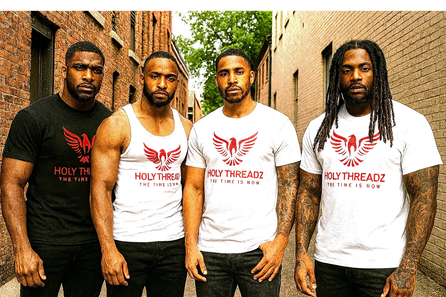 Four men wearing Holy Threadz t-shirts stand in an alley with serious expressions.