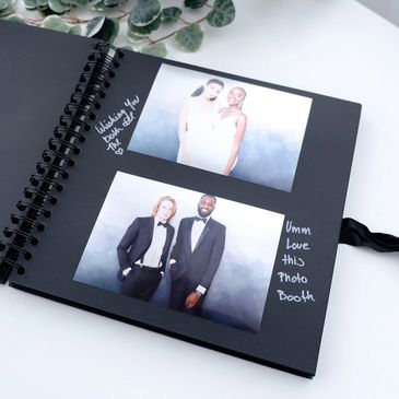 Group of people smiling at a wedding celebration in a Photo Booth memory book album.