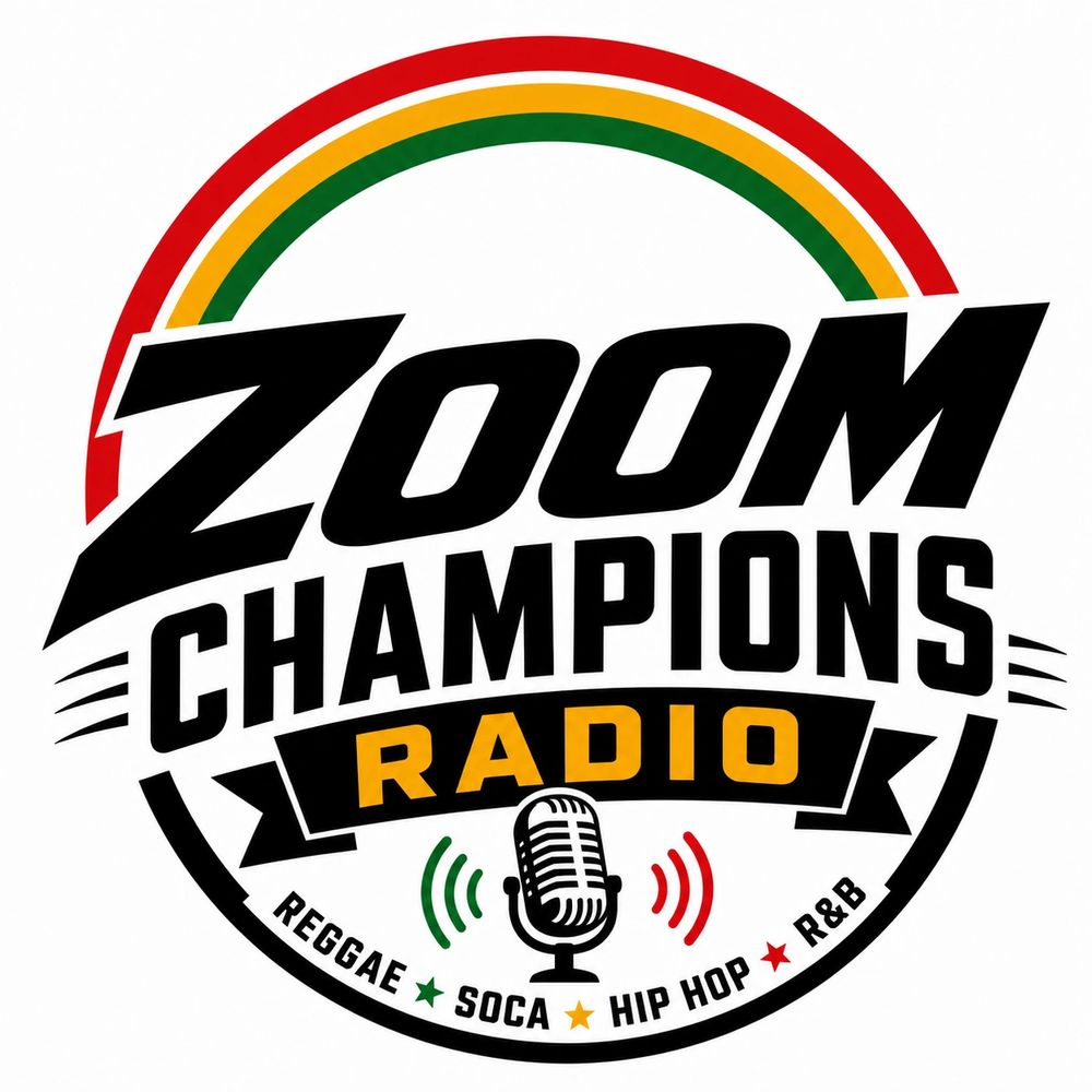 Logo for Zoom Champions Radio with reggae, soca, hip hop, and R&B music genres.