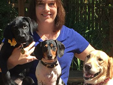Woman with three dogs of different breeds outdoors.