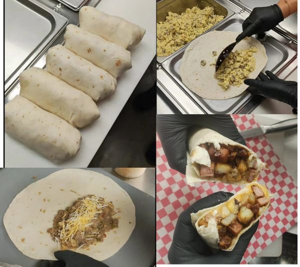 Preparing and serving stuffed burritos with various fillings.