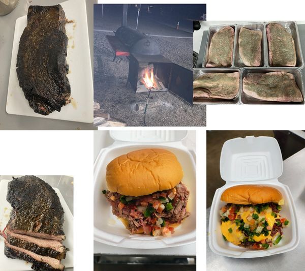 Barbecue brisket process from raw to cooked and sandwiches.