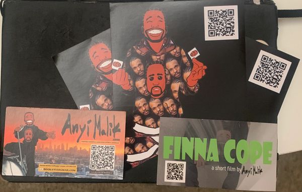 Promotional materials for Amyl Malik's short film "Finna Cope" with QR codes.