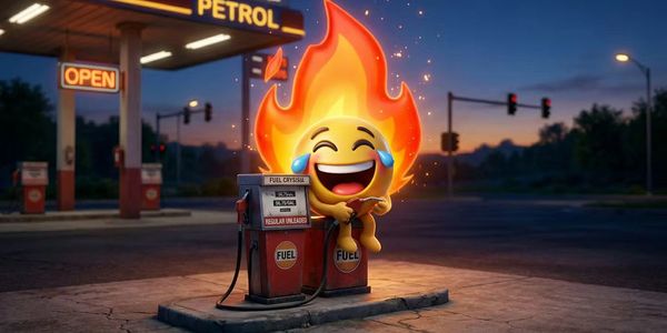 A laughing emoji engulfed in flames at a petrol pump during dusk.