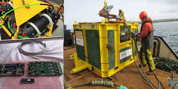 Marine equipment and electronics being prepared for deployment on a research vessel.