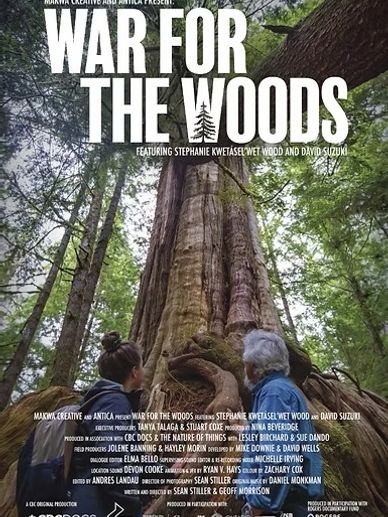 Poster for the documentary 'War for the Woods' showing two people looking up at a giant tree.