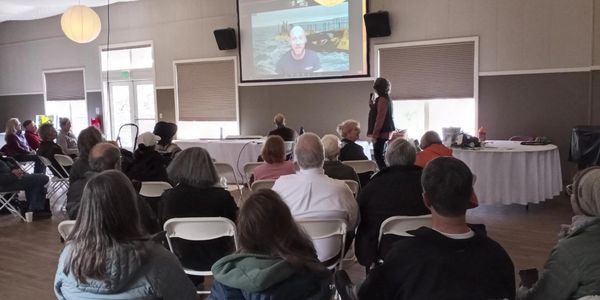 Audience watching a presentation with a video call on a large screen in a hall.