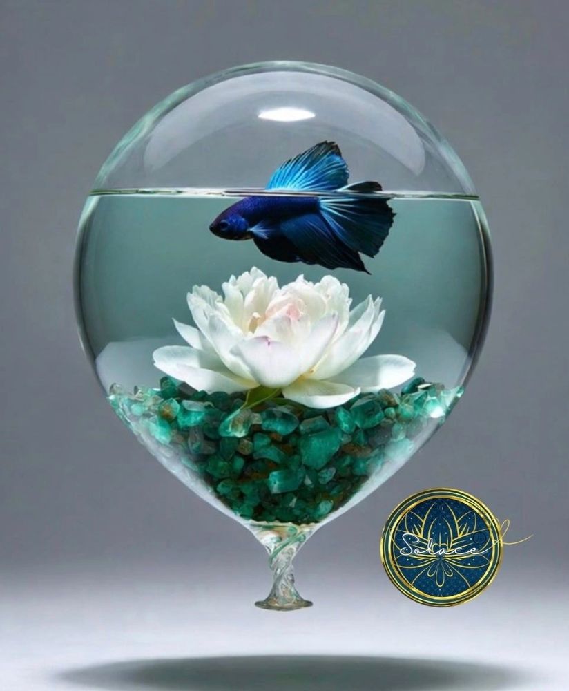 A blue fish swims above a white flower inside a glass orb with green stones.