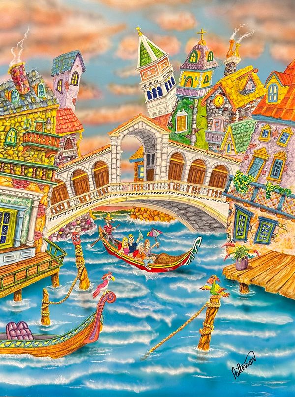 Whimsical Venetian canal scene with colorful buildings and gondola ride.