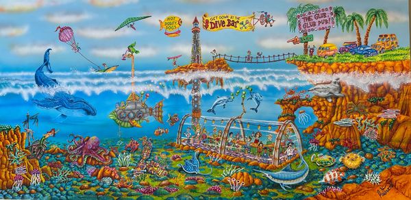 Whimsical underwater scene with sea creatures, a submarine bar, and colorful marine life.