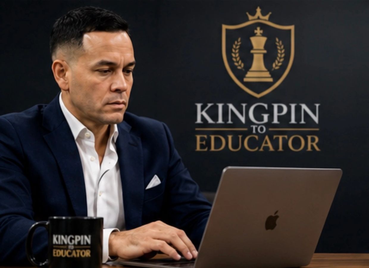 Man working on laptop with Kingpin to Educator logo.