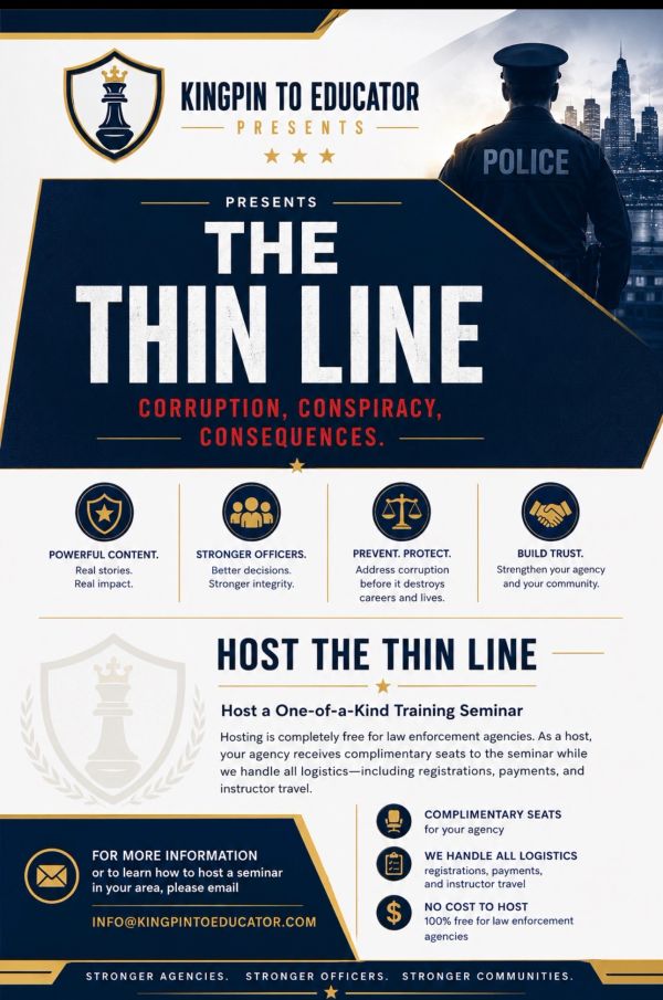 Promotional flyer for 'The Thin Line' seminar on police corruption and integrity.