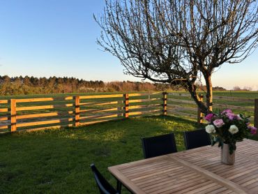 A wooden table with flowers in a vase on a grassy backyard with a bare tree and wooden fence.