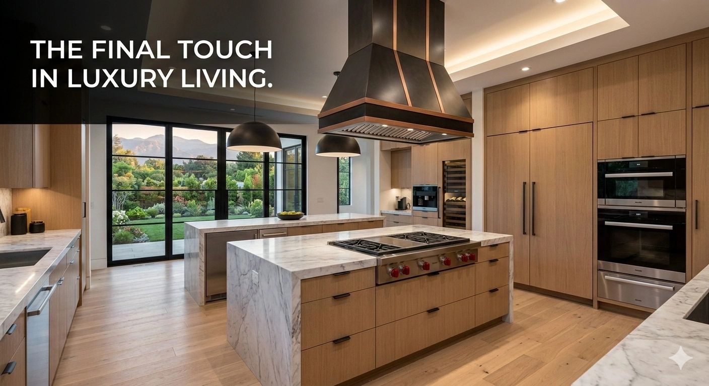Modern kitchen with marble countertops and wooden cabinetry, overlooking a lush garden.