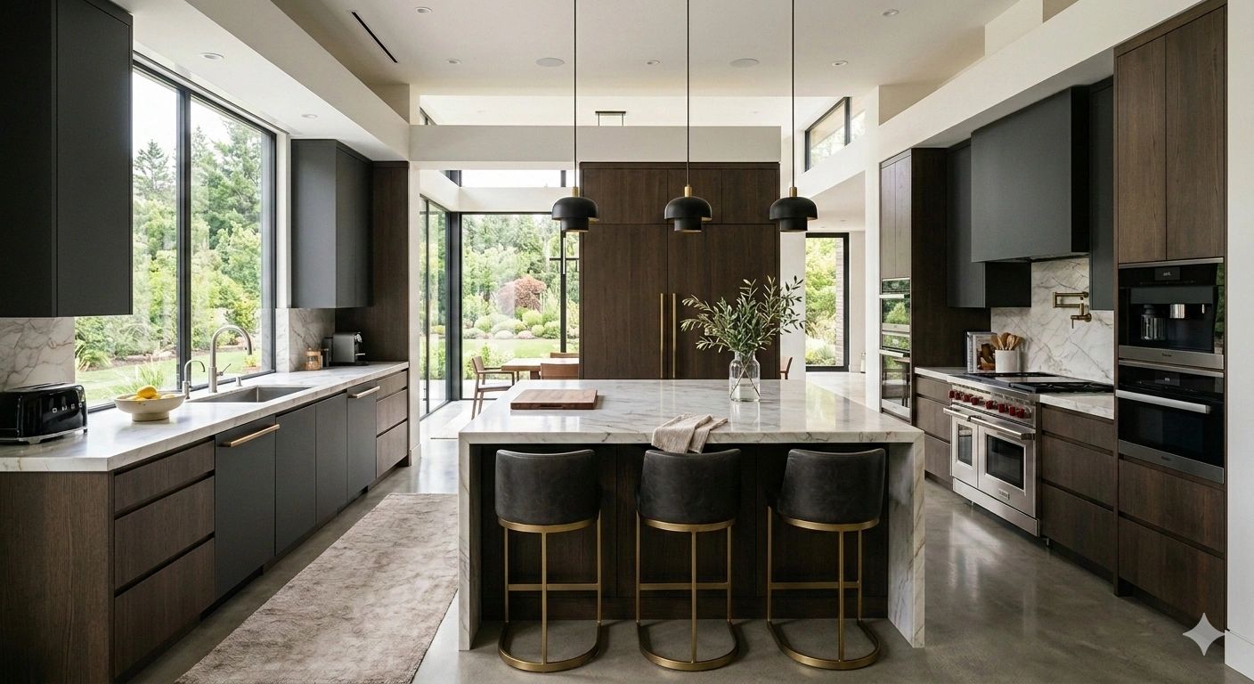 Modern kitchen with marble island and dark wood cabinets.