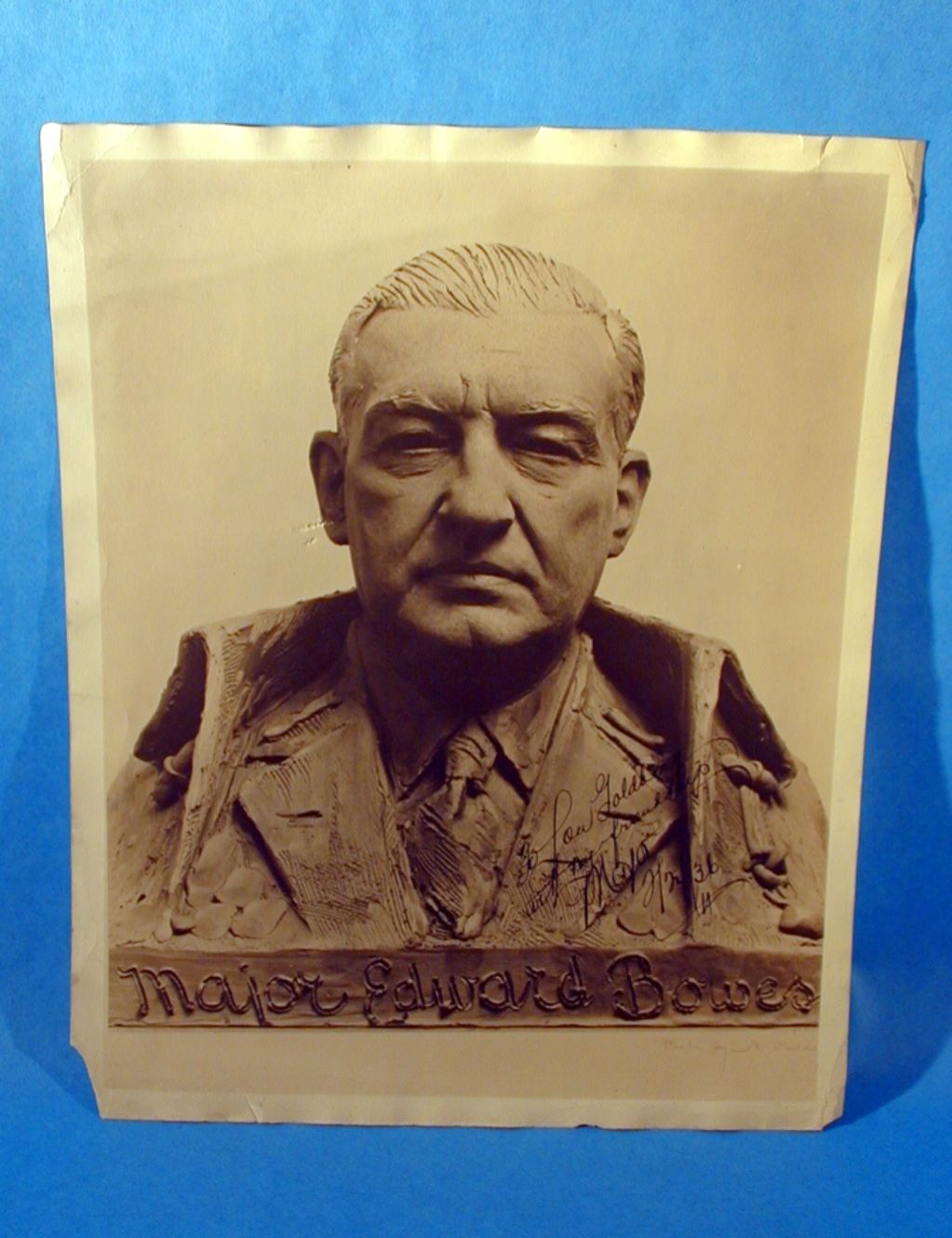 Photograph of the original clay mold sculptured by the famed American artist Mario Korbel in 1936
