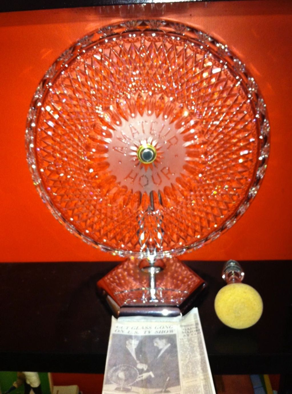 Rare, one-of-a-kind large Irish Waterford crystal “Gong” and striker 
presented to Ted Mack on behal