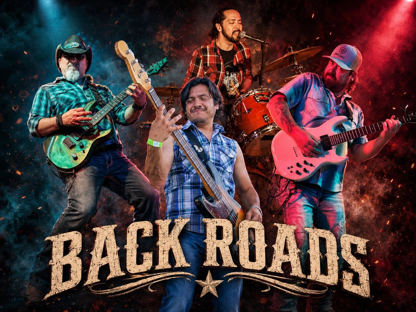 Promotional artwork featuring band members, guitars and drums against a colored smoky background.