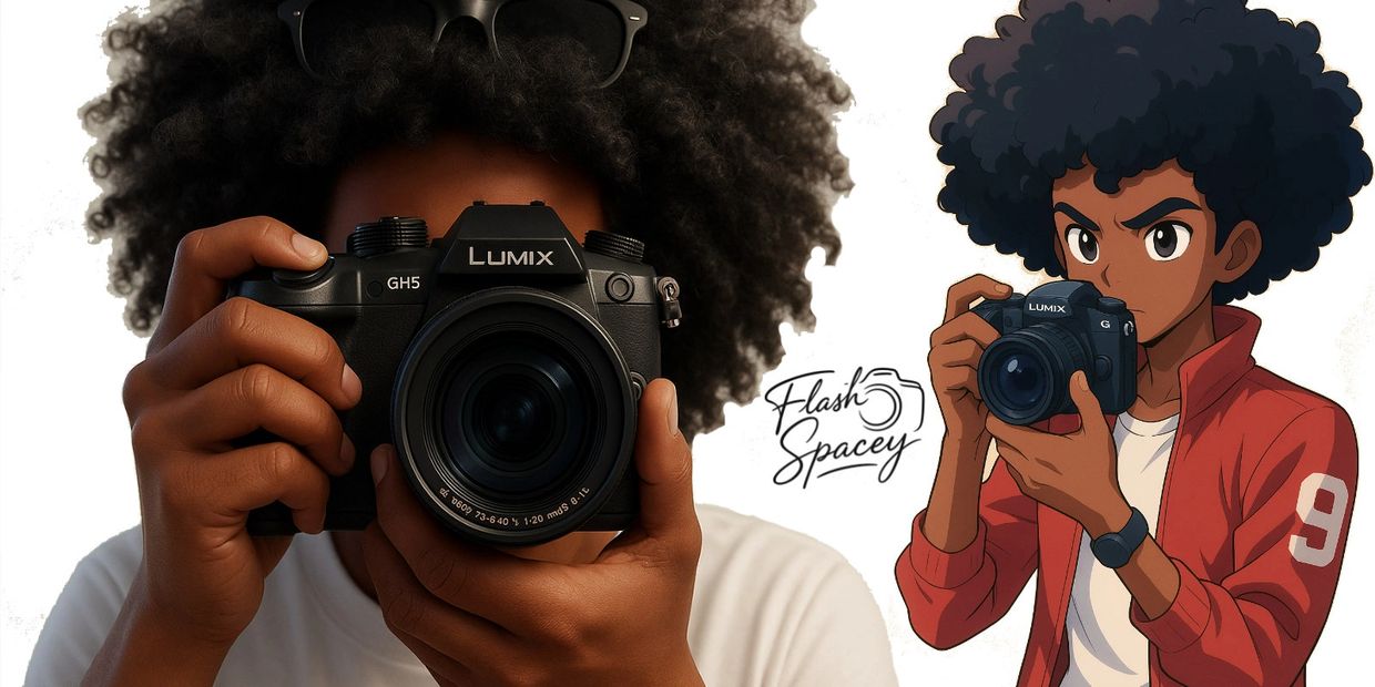 Flash Spacey Photography banner image of man with Lumix gh5 camera in front of face with afro hair