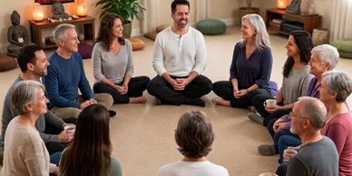 A group of people sitting in a circle practicing meditation or group therapy indoors.