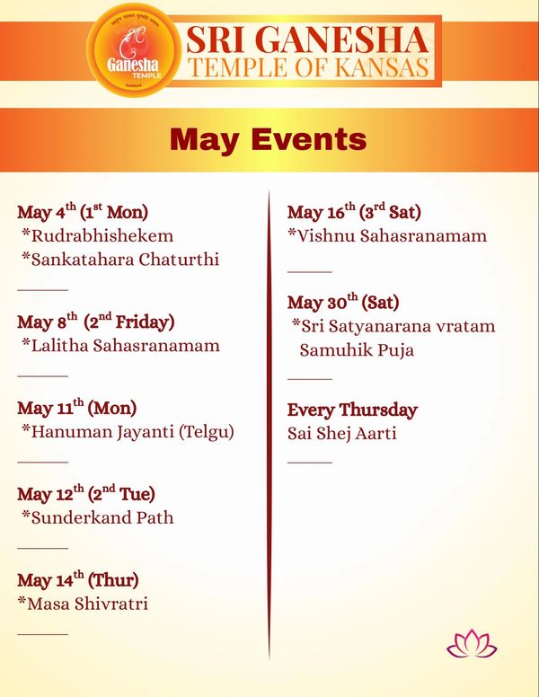 May events schedule at Sri Ganesha Temple of Kansas with religious ceremonies and prayers listed.