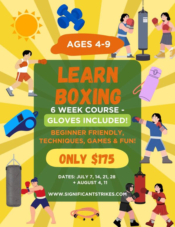 Colorful flyer advertising a beginner-friendly boxing course for kids ages 4-9 with gloves included.