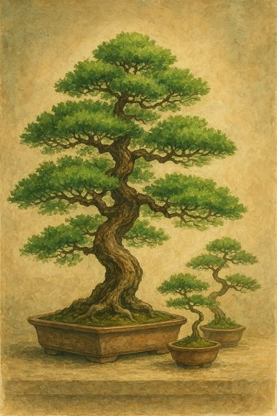 Three bonsai trees of different sizes in ceramic pots on a textured surface.