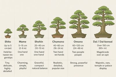 Different bonsai sizes like shito, Mame,shohin, chumono, omano, dai