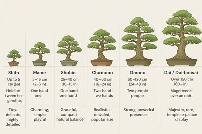 Different bonsai sizes like shito, Mame,shohin, chumono, omano, dai